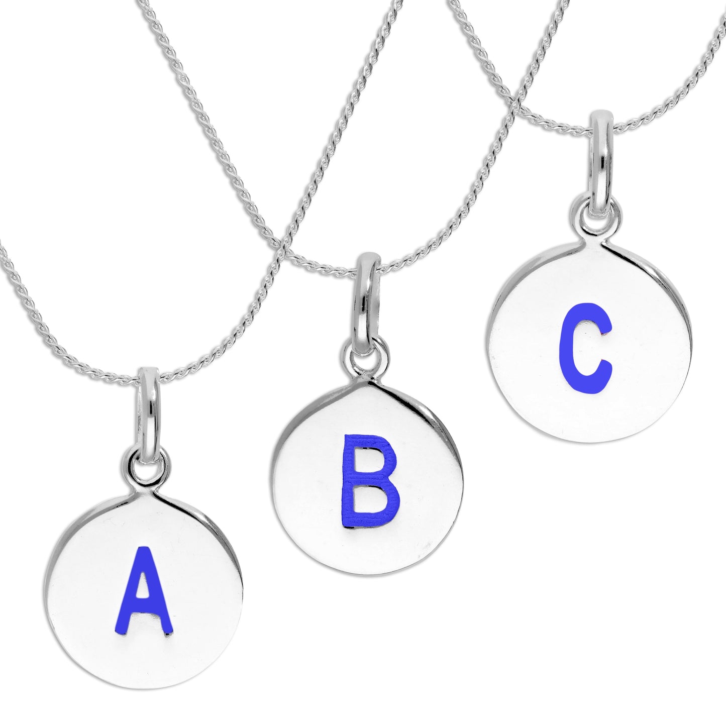 Sterling Silver Blue Filled Initial Letter Necklace A - Z 16 - 22 Inches