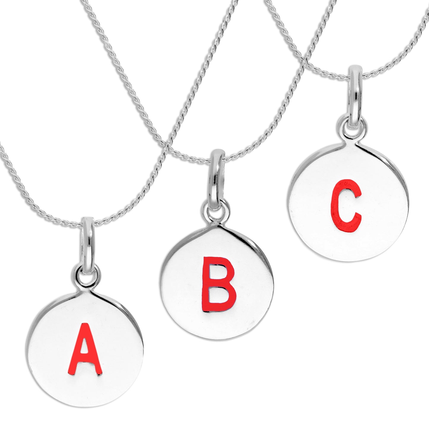 Sterling Silver Red Filled Initial Letter Necklace A - Z 16 - 22 Inches