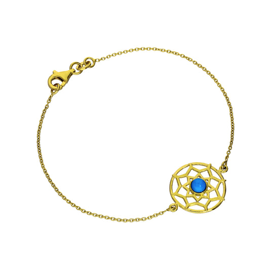 Bracelet attrape-rêves en argent sterling plaqué or et émail bleu 7 pouces