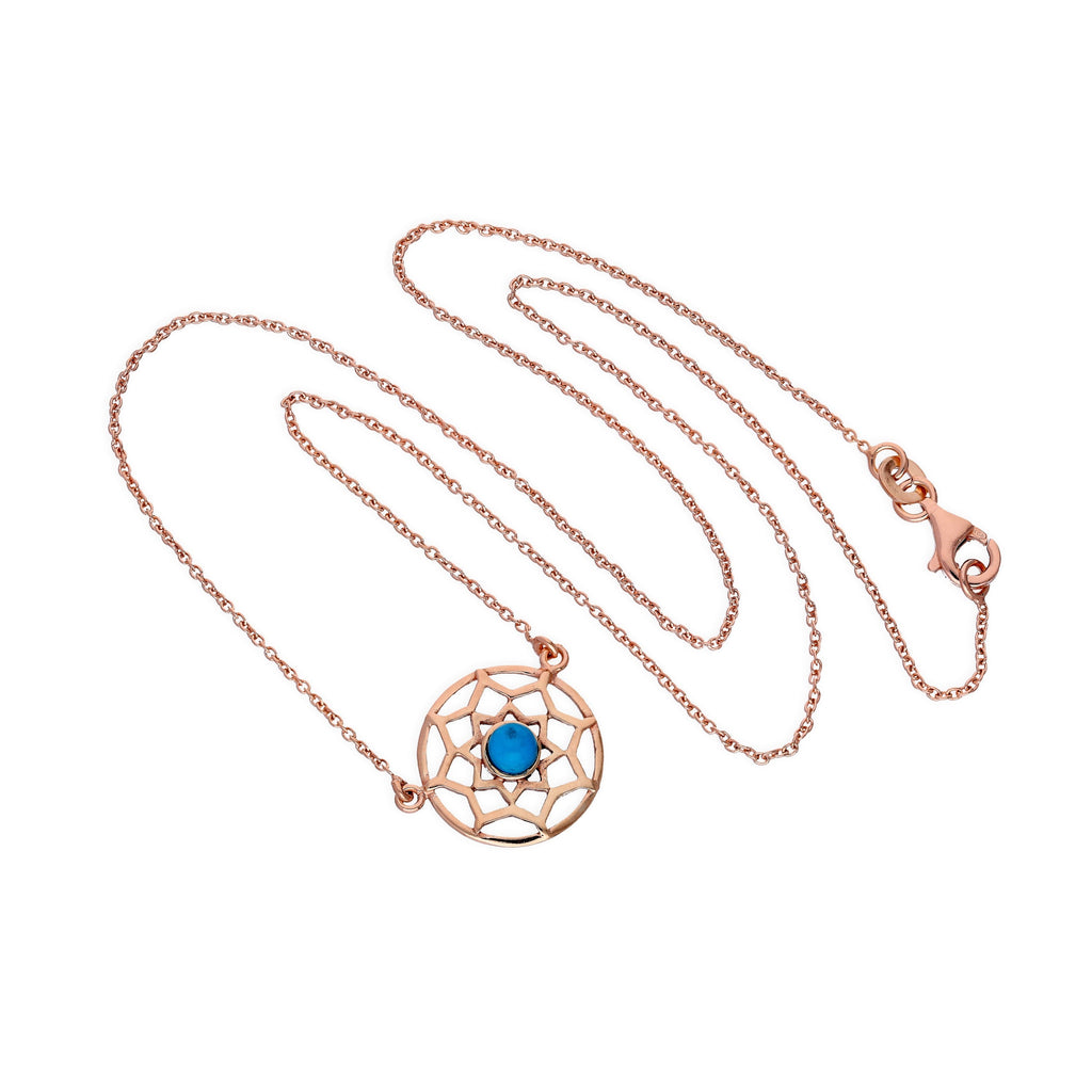 Collier attrape-rêves en argent sterling plaqué or rose et émail bleu avec chaîne de 45 cm