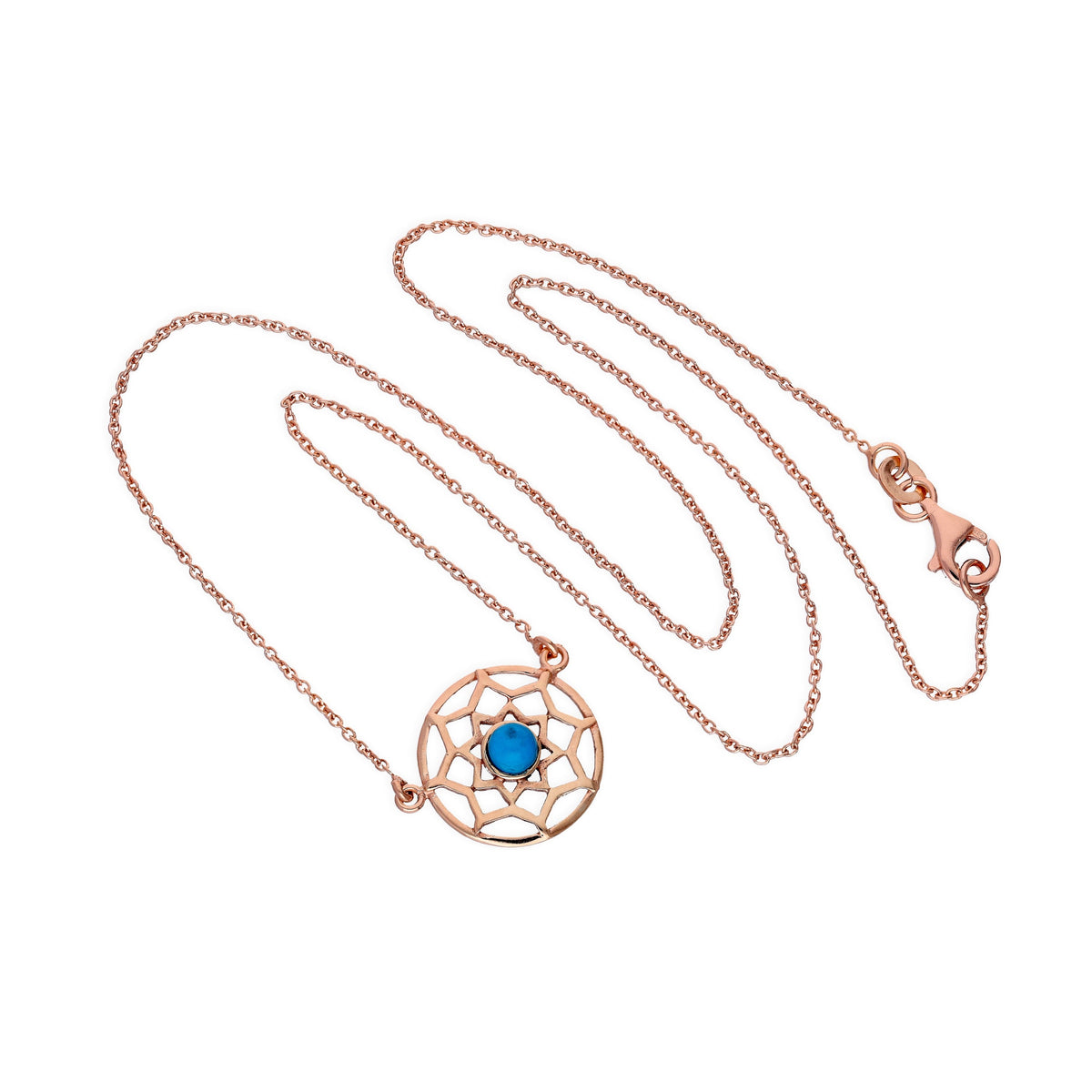Collier attrape-rêves en argent sterling plaqué or rose et émail bleu avec chaîne de 45 cm