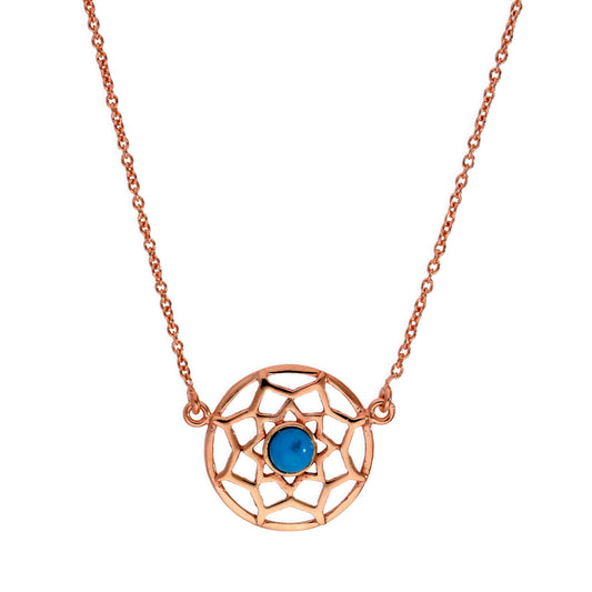 Collier attrape-rêves en argent sterling plaqué or rose et émail bleu avec chaîne de 45 cm