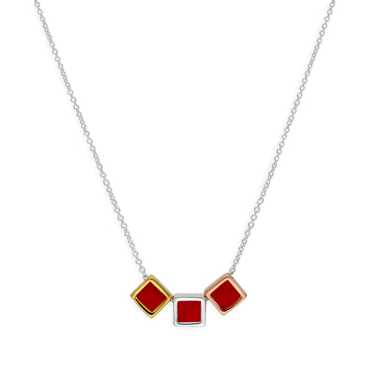 Collier en argent sterling de 45 cm avec carrés mixtes plaqués or et émail rouge