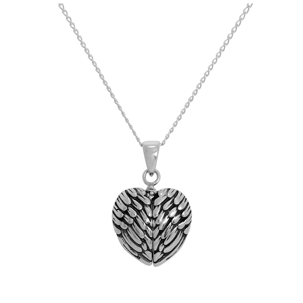 Pendentif en forme d'aile d'ange en argent sterling avec petit cœur à l'intérieur sur chaîne de 35 à 55 cm