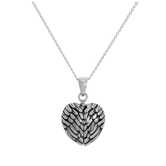 Pendentif en forme d'aile d'ange en argent sterling avec petit cœur à l'intérieur sur chaîne de 35 à 55 cm