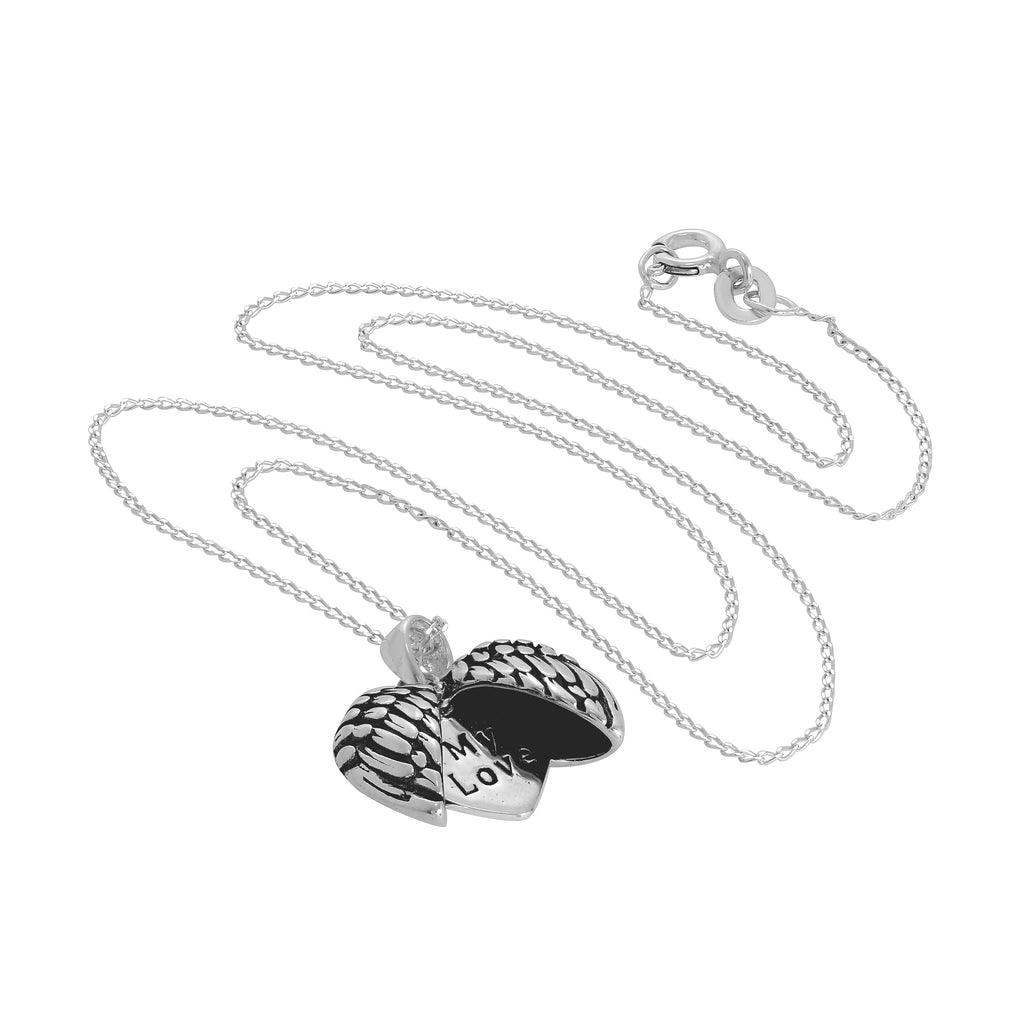 Pendentif en forme d'aile d'ange en argent sterling avec petit cœur à l'intérieur sur chaîne de 35 à 55 cm