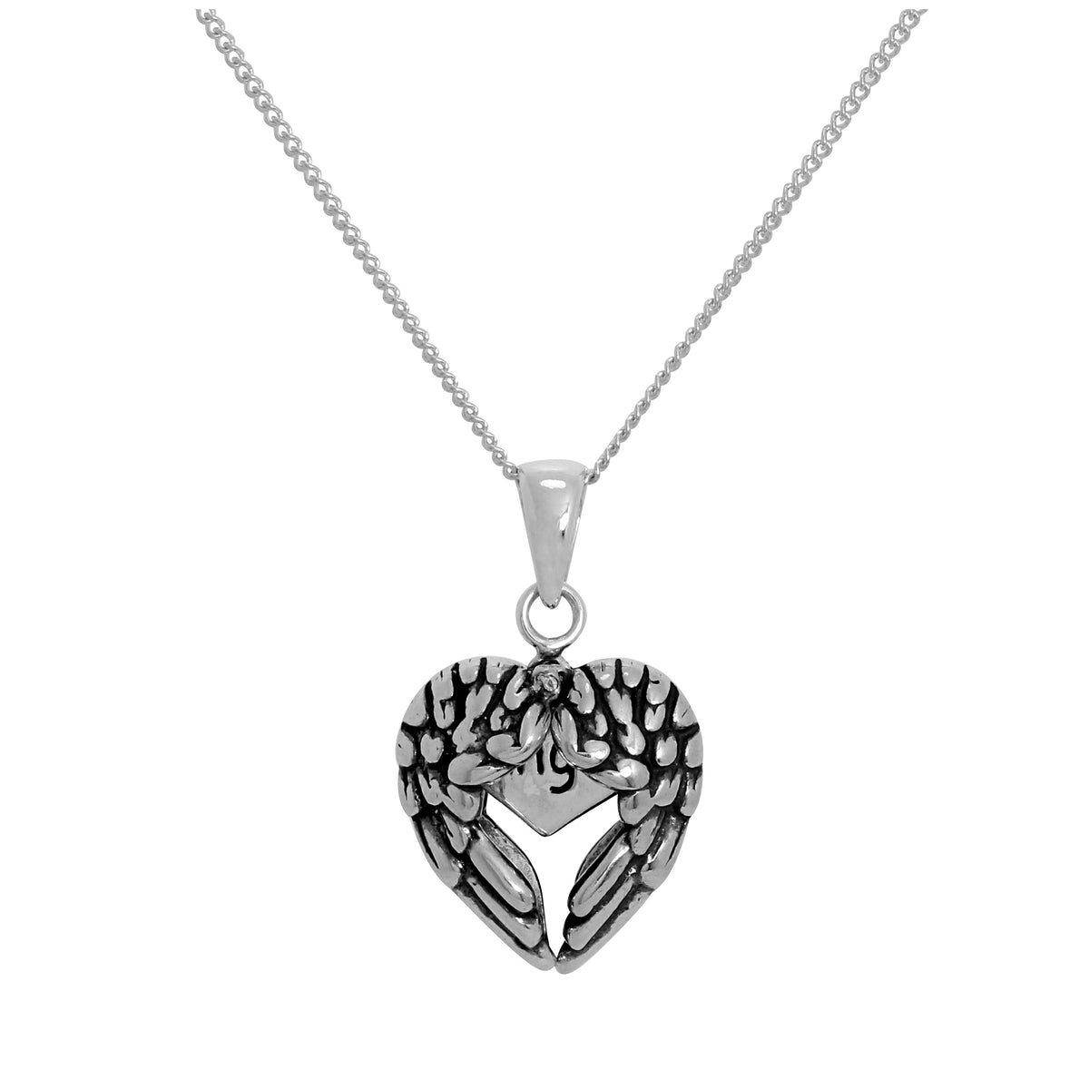 Pendentif en argent sterling avec ailes d'ange ouvrantes et petit cœur à l'intérieur sur chaîne de 35 à 81 cm