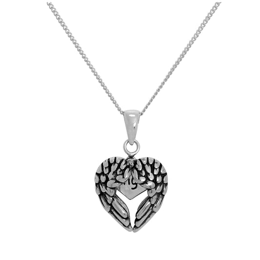 Pendentif en argent sterling avec ailes d'ange ouvrantes et petit cœur à l'intérieur sur chaîne de 35 à 81 cm