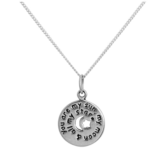 Pendentif rond en argent sterling avec message, lune et étoiles découpées, sur chaîne de 35 à 81 cm