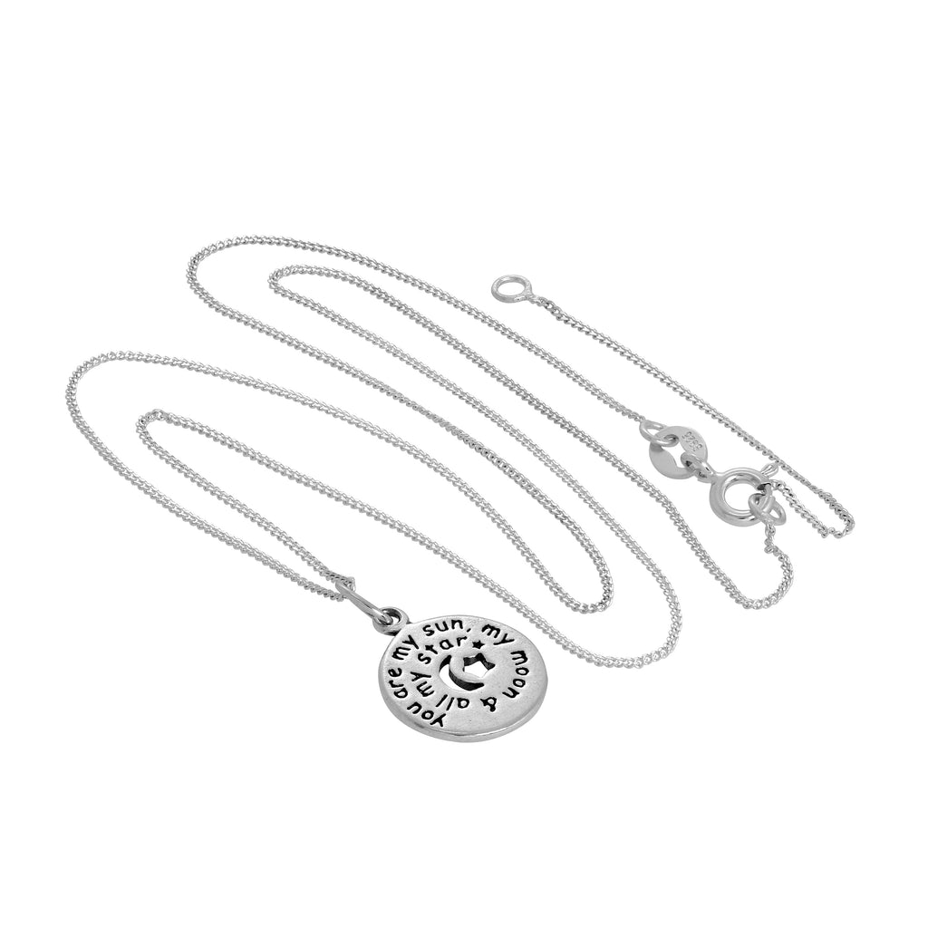 Pendentif rond en argent sterling avec message, lune et étoiles découpées, sur chaîne de 35 à 81 cm