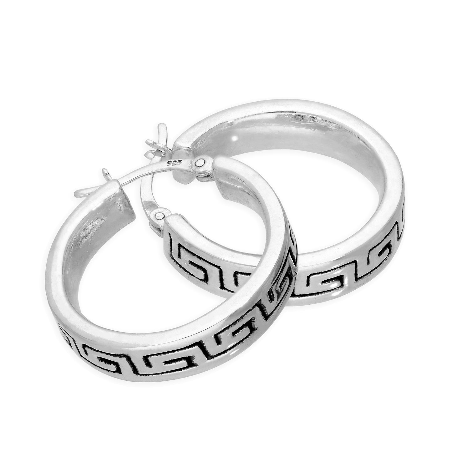 Grandes boucles d'oreilles créoles en argent sterling à motif clé grecque