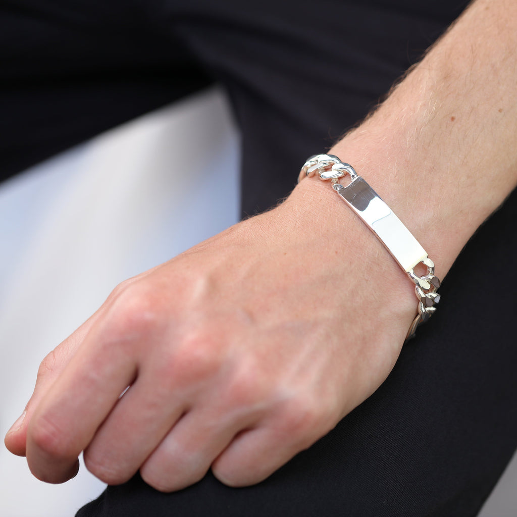 Bracelet en argent sterling épais et lourd de 11 mm avec plaque d'identification Figaro, 18 à 20 cm