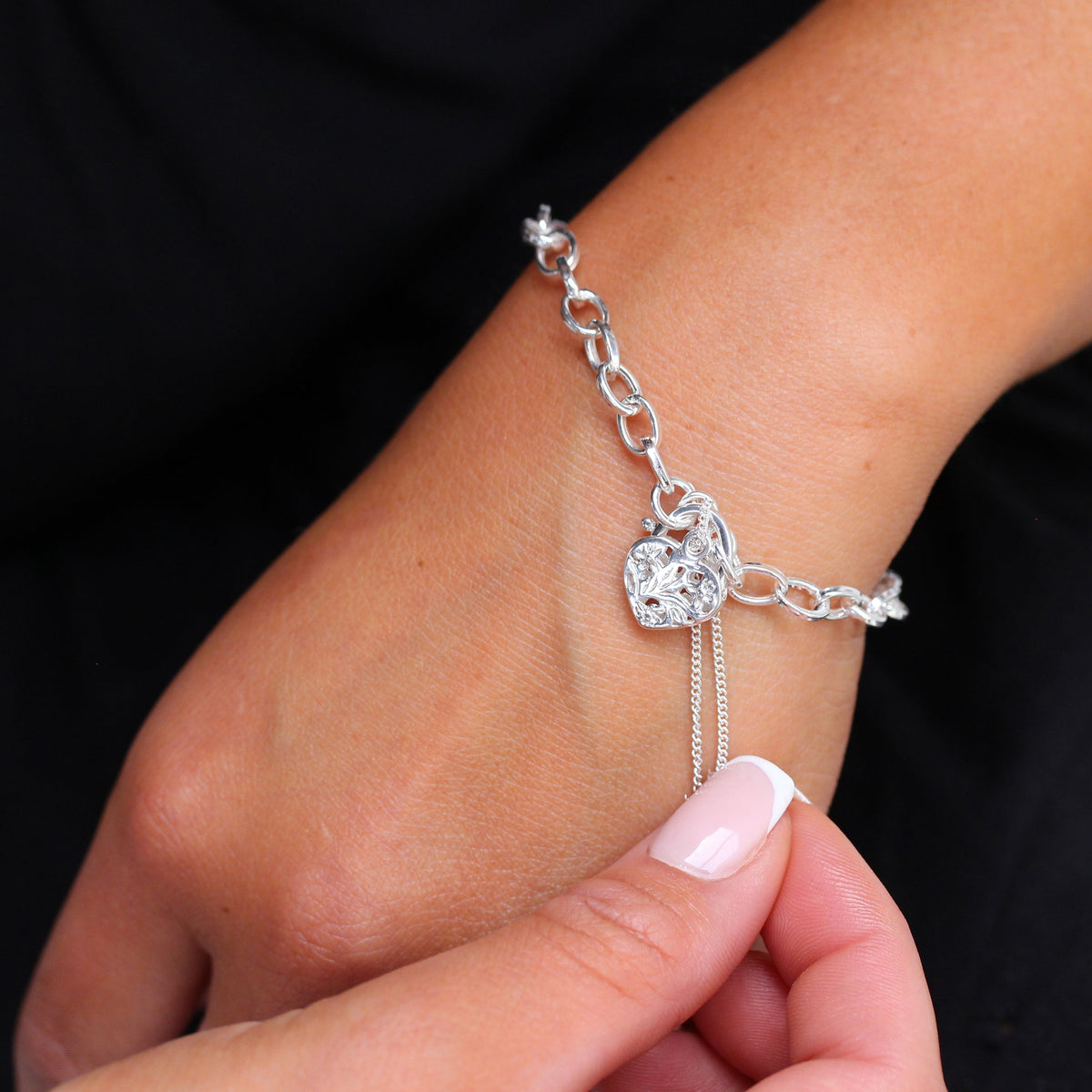 Bracelet à breloques en argent sterling avec cadenas en forme de cœur, 15 à 20 cm