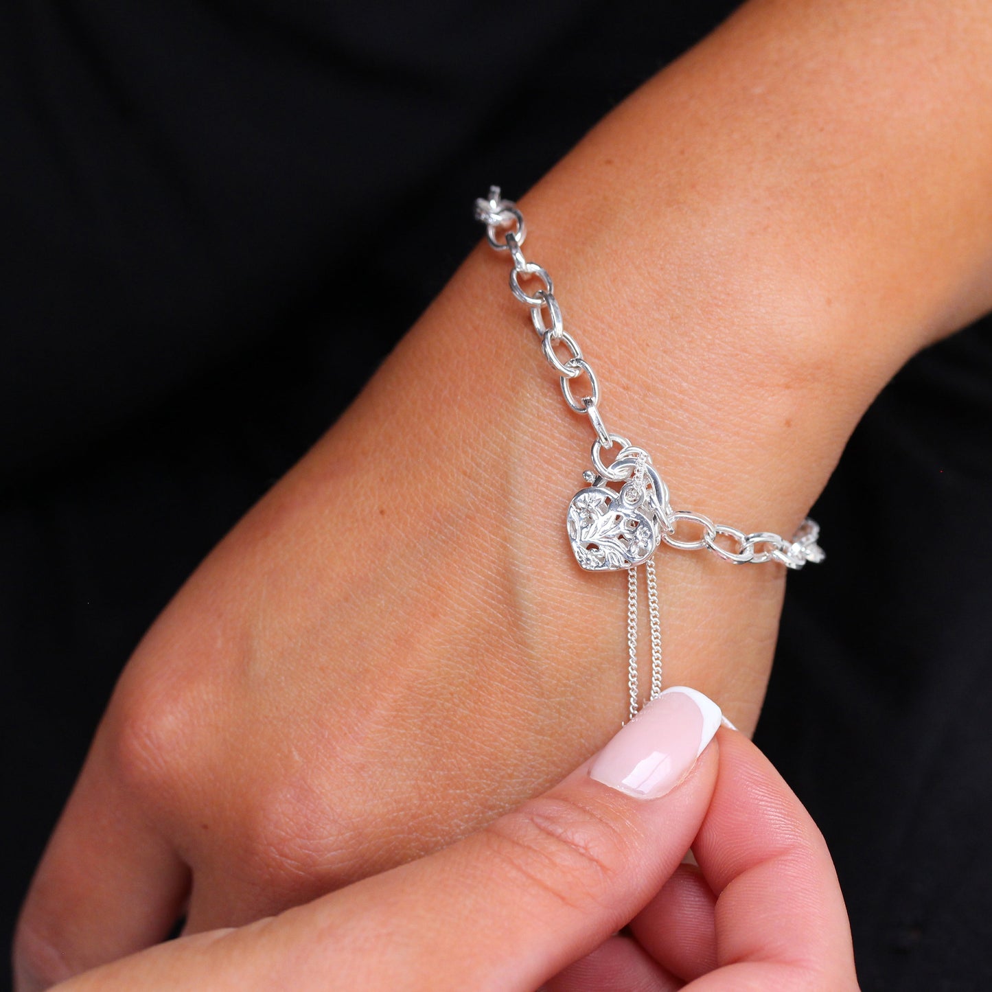 Bracelet à breloques en argent sterling avec cadenas en forme de cœur, 15 à 20 cm