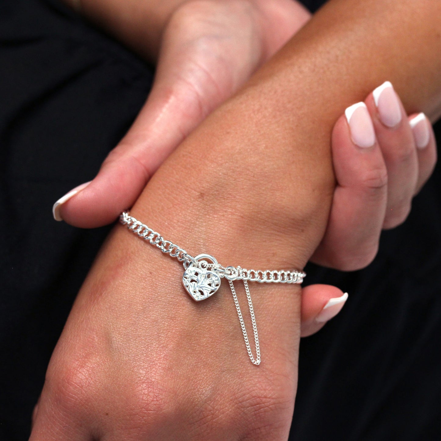 Bracelet à breloques en argent sterling avec cadenas en forme de cœur, 15 cm - 20 cm