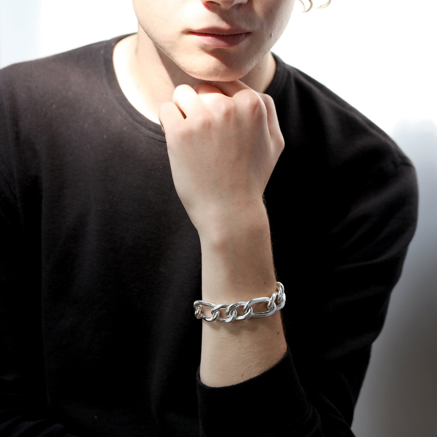 Bracelet en argent sterling pour homme, chaîne épaisse et creuse de 20 cm avec fermoir gravable