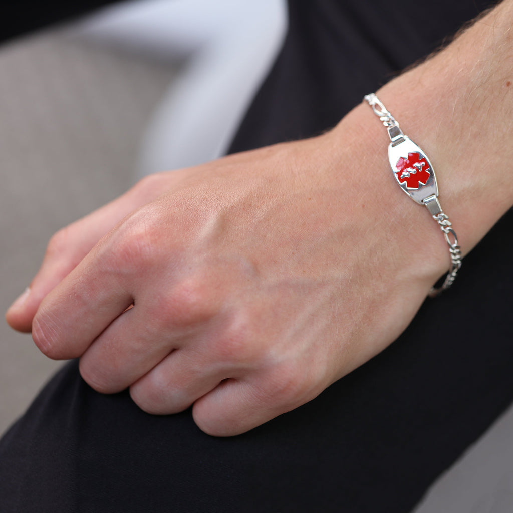 Bracelet d'identification médicale en argent sterling pour homme et femme avec grande plaque ovale gravable de 17,8 à 20,3 cm