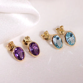 Boucles d'oreilles à tige en or 9 carats et pierres précieuses ovales de 6 mm