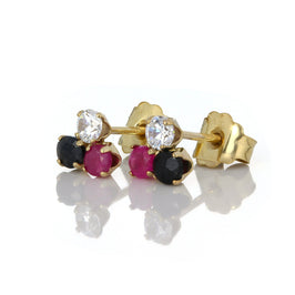 Boucles d'oreilles à tige en or 9 carats, saphir, rubis et cristal CZ transparent de 2,5 mm