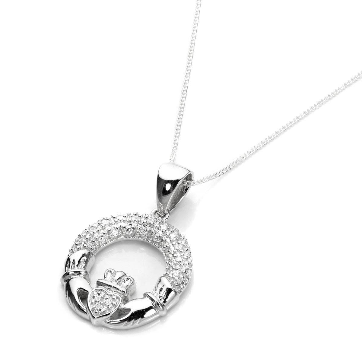 Collier pendentif Claddagh en argent sterling et zircone cubique transparent