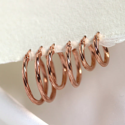 Boucles d'oreilles créoles torsadées en or rose 9 carats - 10 mm, 15 mm, 20 mm