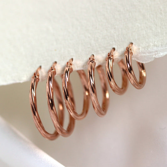 Boucles d'oreilles créoles torsadées en or rose 9 carats - 10 mm, 15 mm, 20 mm