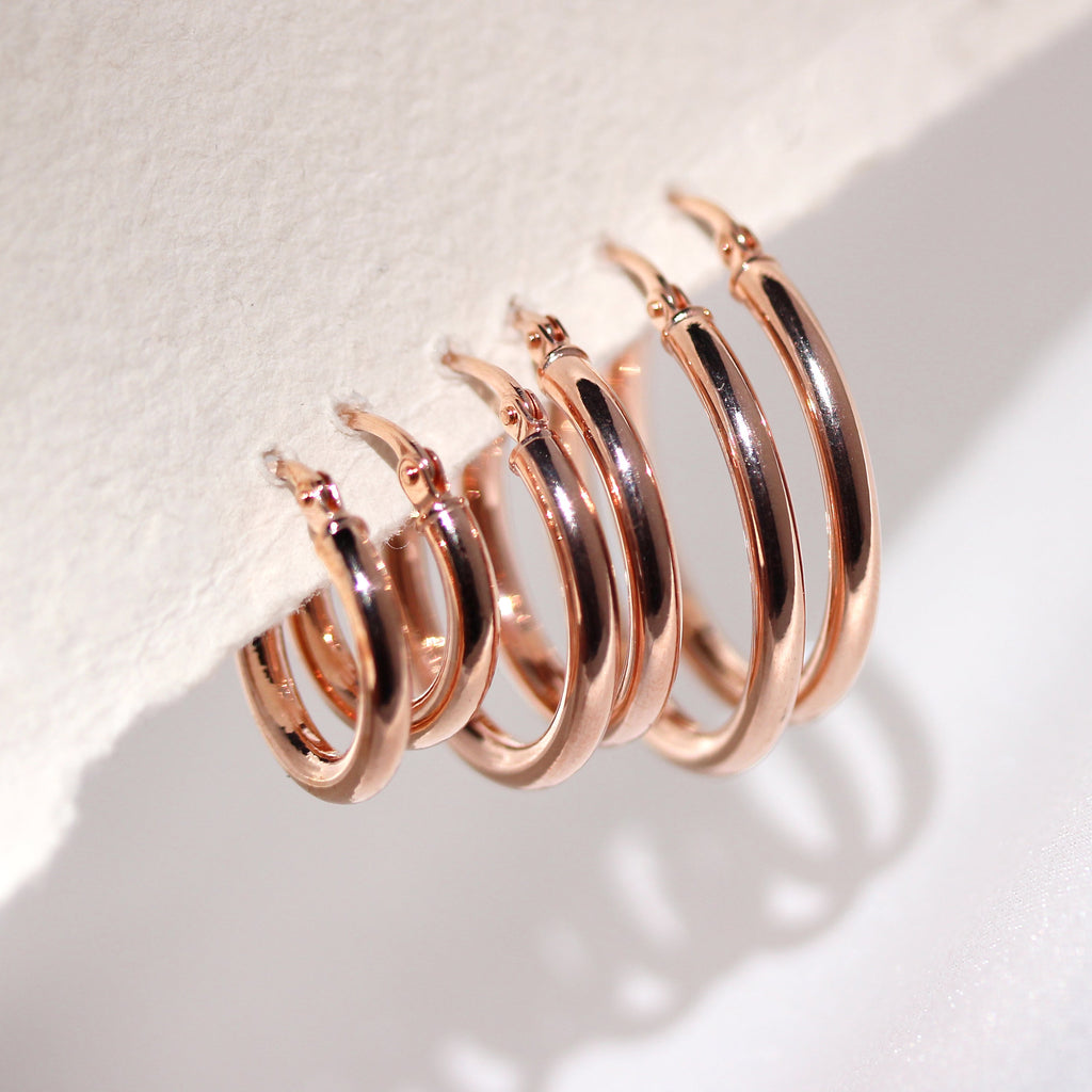 Boucles d'oreilles créoles dormeuses unies en or rose 9 carats - 10 mm, 15 mm, 20 mm