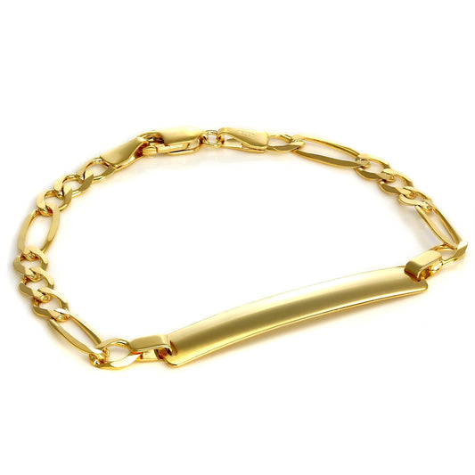 Bracelet Figaro en or 9 carats avec plaque d'identification de 6 et 7 pouces