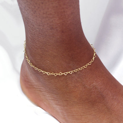 Bracelet de cheville en or 9 carats avec cœurs ouverts