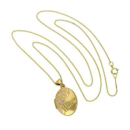 Médaillon ovale en or 9 carats avec motif en or blanc sur chaîne de 40 à 45 cm