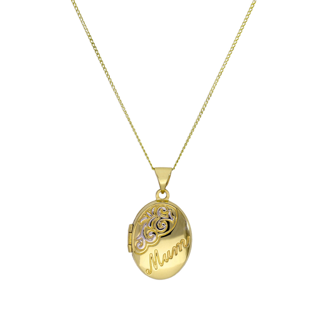 Médaillon ovale en or 9 carats avec motif en or blanc sur chaîne de 40 à 45 cm