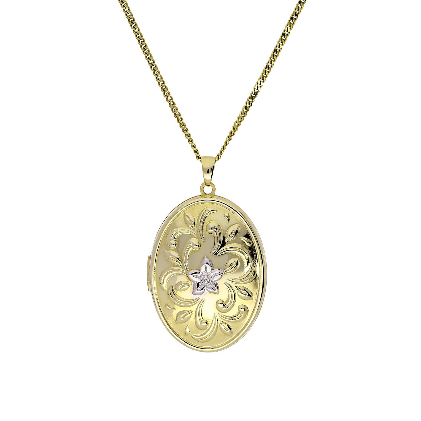 Grand médaillon ovale en or 9 carats avec motif floral en or blanc sur chaîne de 40 à 50 cm