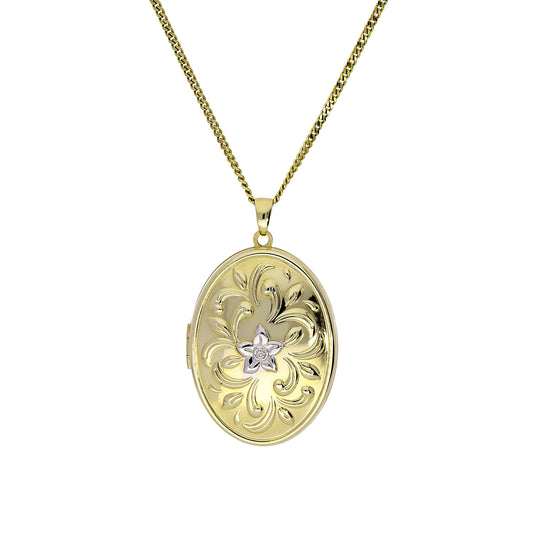 Grand médaillon ovale en or 9 carats avec motif floral en or blanc sur chaîne de 40 à 50 cm