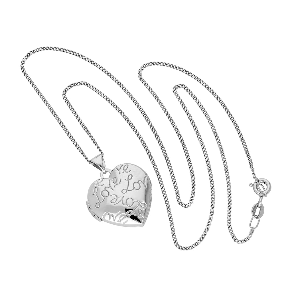 Médaillon en or blanc 9 carats avec pendentif en forme de cœur sur chaîne de 40 à 45 cm