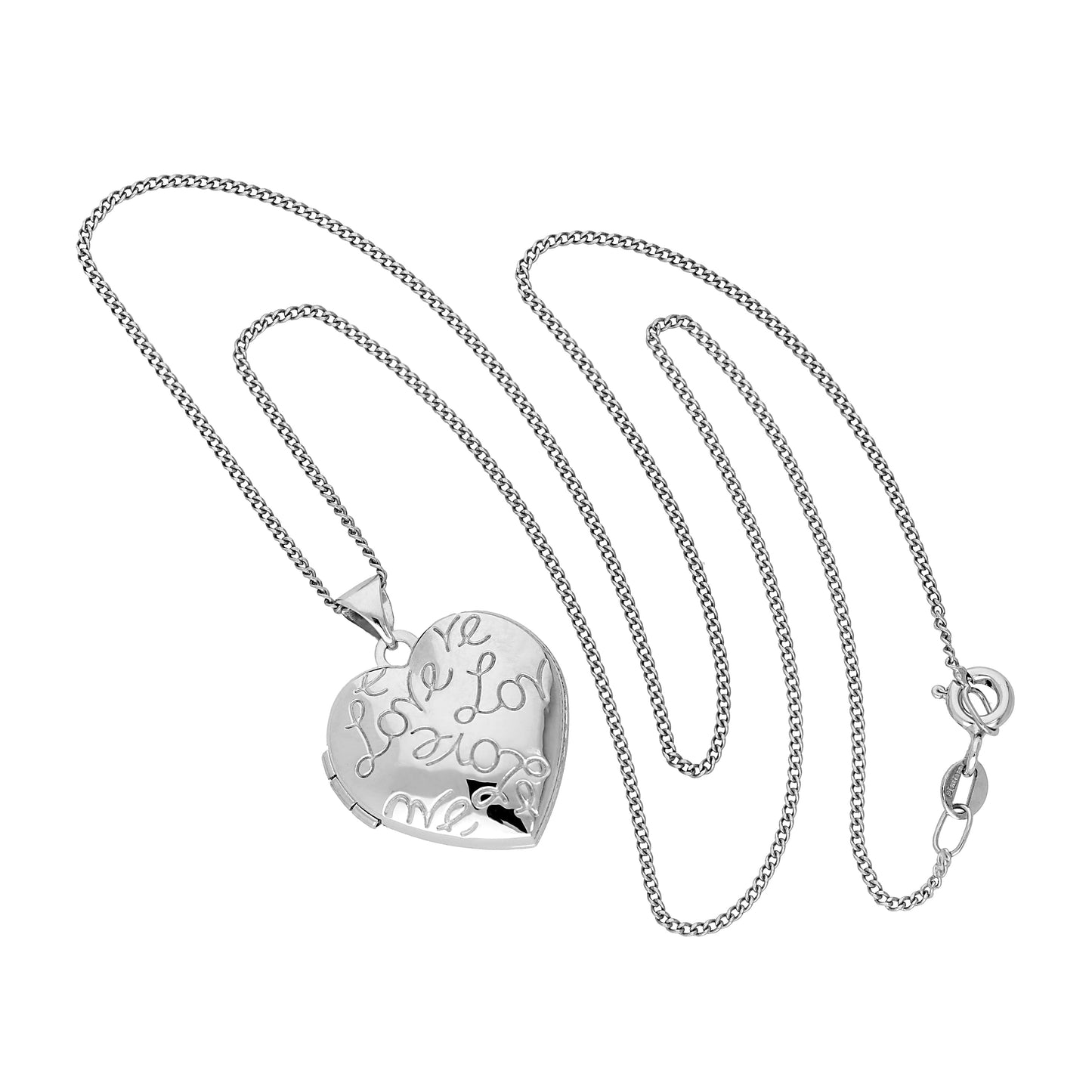 Médaillon en or blanc 9 carats avec pendentif en forme de cœur sur chaîne de 40 à 45 cm