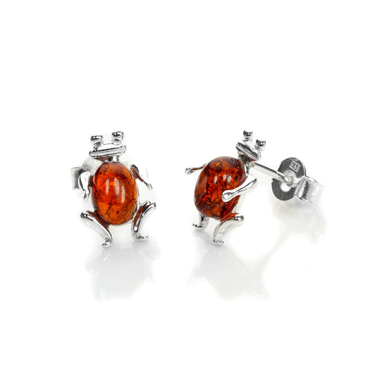 Boucles d'oreilles à tige en argent sterling et ambre de la Baltique en forme de grenouille