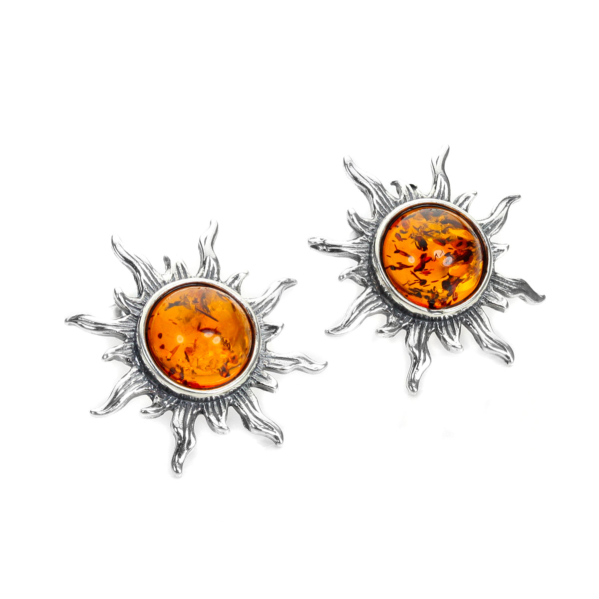 Boucles d'oreilles à tige en argent sterling et ambre de la Baltique avec soleil