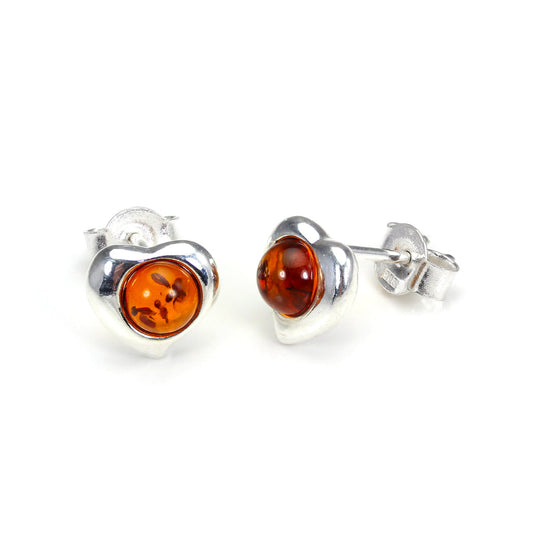 Boucles d'oreilles à tige en argent sterling et ambre de la Baltique en forme de cœur