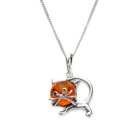 Pendentif chat en argent sterling et ambre de la Baltique - 40 à 55 cm
