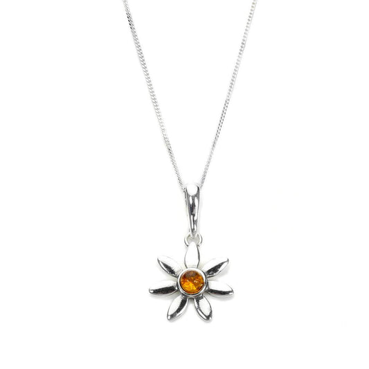 Pendentif fleur en argent sterling et ambre de la Baltique – 40 à 55 cm