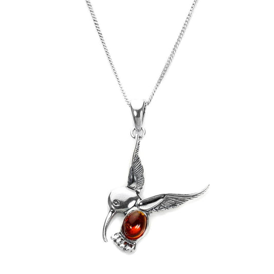 Pendentif colibri en argent sterling et ambre de la Baltique - 40 à 55 cm