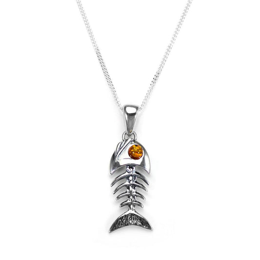 Pendentif poisson en argent sterling et ambre de la Baltique - 40 à 55 cm