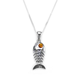 Pendentif poisson en argent sterling et ambre de la Baltique - 40 à 55 cm