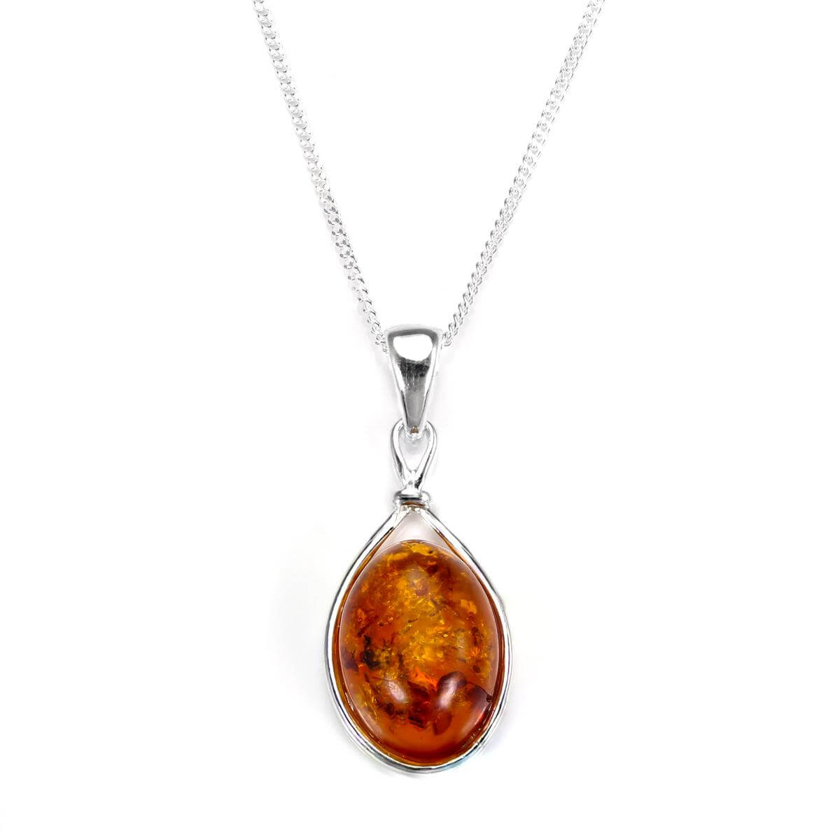 Pendentif ovale en argent sterling et ambre de la Baltique - 40 à 55 cm