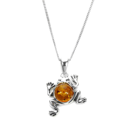 Pendentif grenouille sauteuse en argent sterling et ambre de la Baltique - 40 à 55 cm