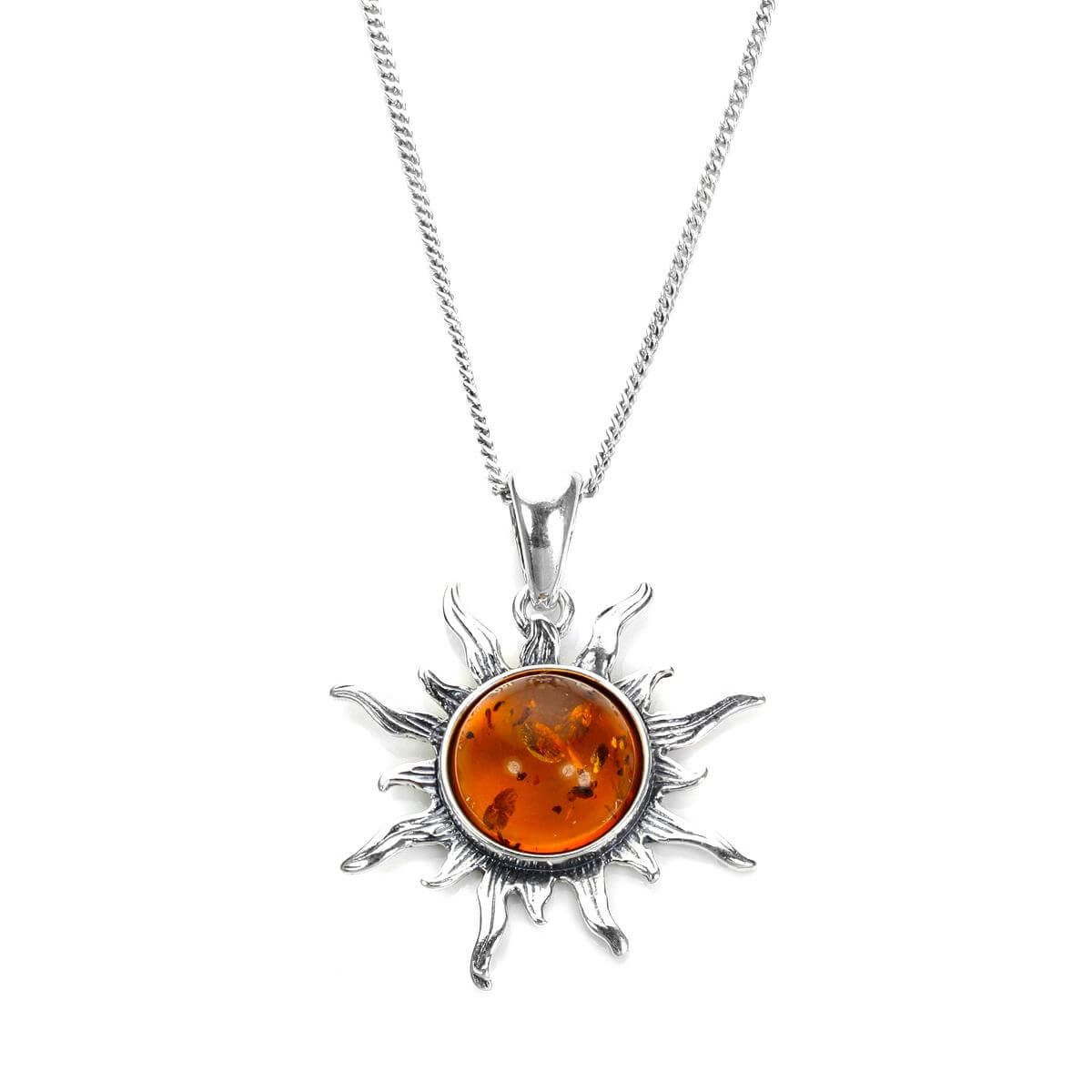Pendentif soleil flamboyant en argent sterling et ambre de la Baltique - 40 à 55 cm