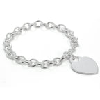 Bracelet à breloques en argent sterling de 18 cm avec grande étiquette en forme de cœur à graver
