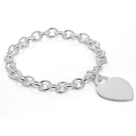 Bracelet à breloques en argent sterling de 18 cm avec grande étiquette en forme de cœur à graver