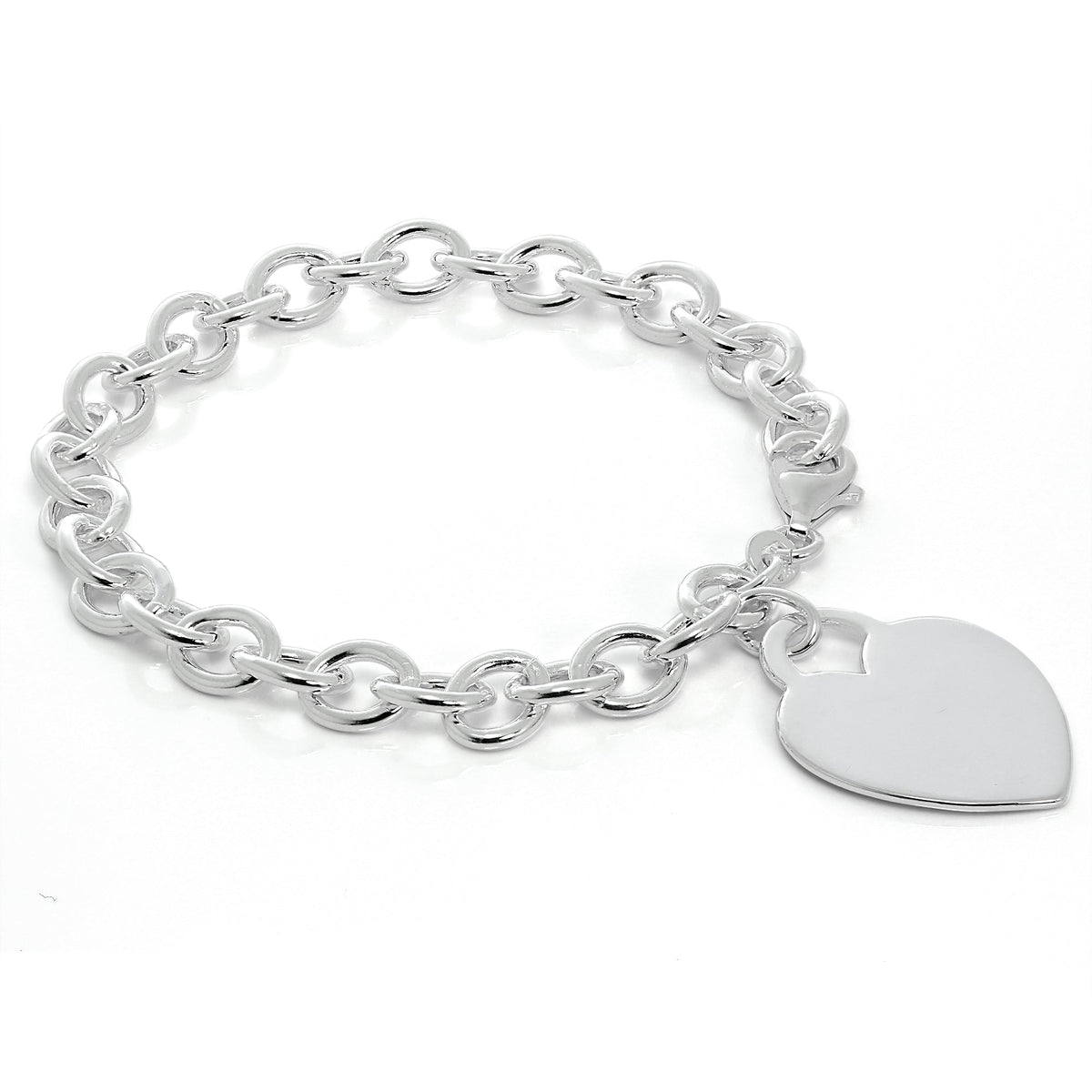 Bracelet à breloques en argent sterling de 18 cm avec grande étiquette en forme de cœur à graver