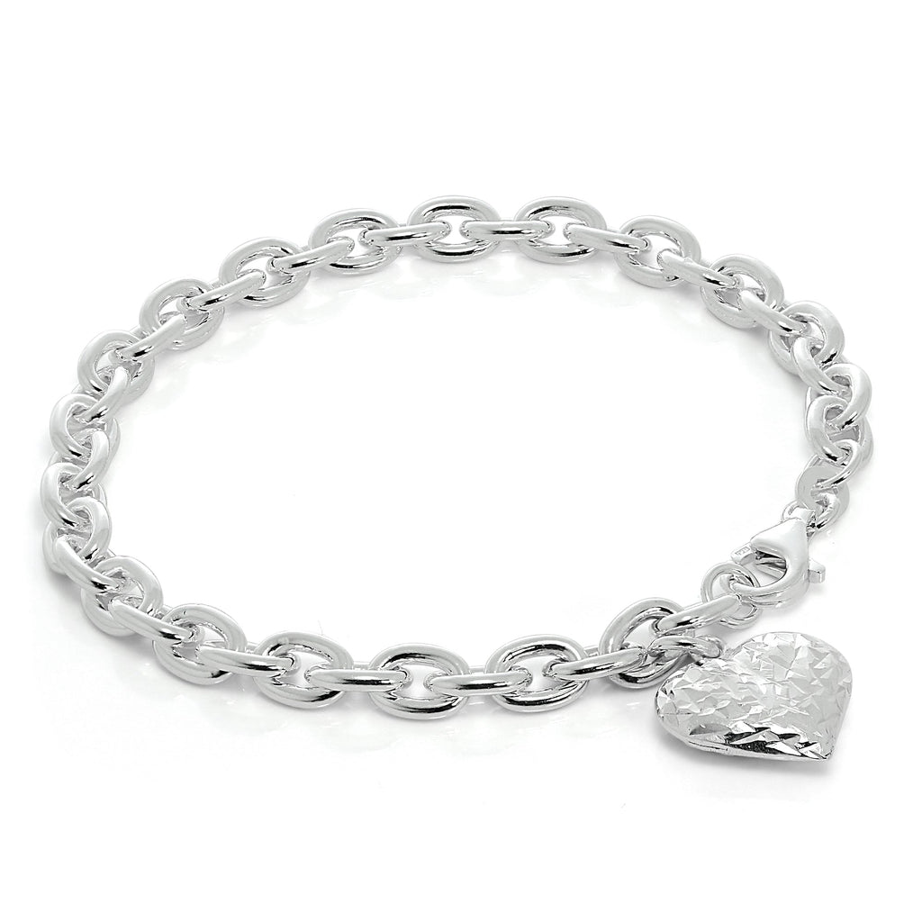 Bracelet à breloques en argent sterling massif avec breloque cœur bombé taille diamant